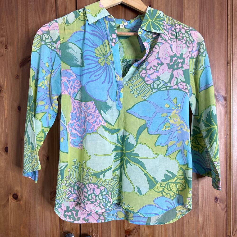 Anthropologie Floral Blouse - Green, Blue, Pink